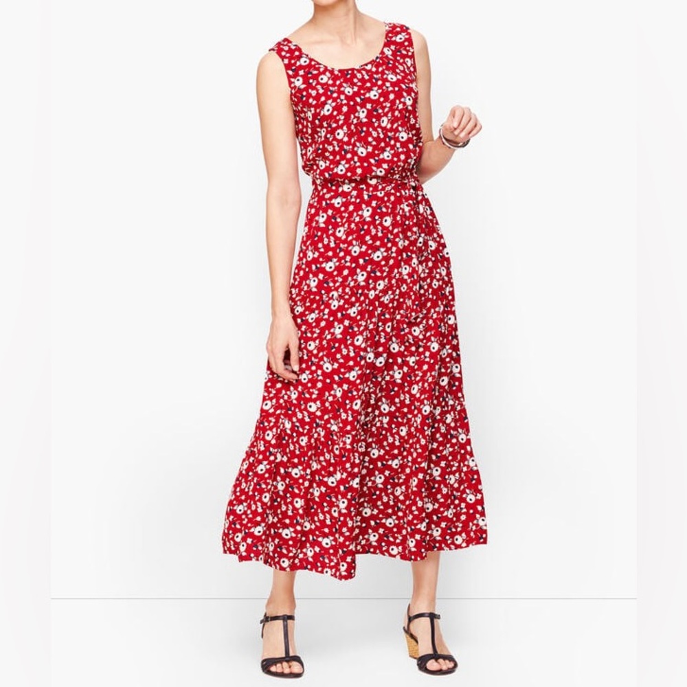 TALBOTS Women’s FLORAL CREPE TIERED Midi DRESS Sleeveless Sz 12 Summer Chic - Picture 9 of 10